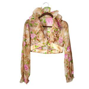 VINTAGE sheer floral crop top painted fabric ruffle collar‎